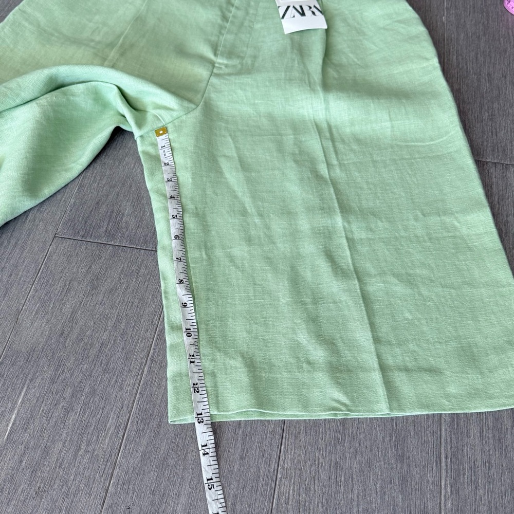 NWT Zara Linen Long Bermuda High Rise Pleated Shorts Green L Lagenlook 90s Boho - Picture 16 of 16